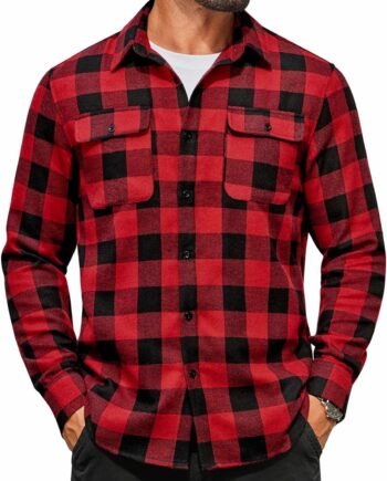 Mens Flannel Shirts Long Sleeve Plaid Button Down Shirt Cotton Casual Work Shirts with Pockets