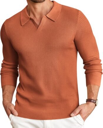 Mens Knit Polo Sweater V-Neck Long Sleeve Textured Lightweight Casual Dress Pullover Fall Sweaters