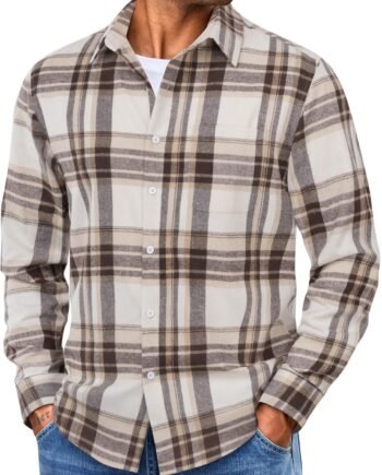 Mens Flannel Shirts Long Sleeve Lightweight Plaid Shirt Casual Button Down Shirts with Pocket