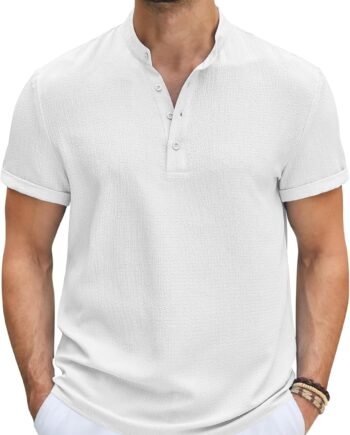 Men's Casual Henley Tee Shirt Band Collar Short Sleeve Summer Beach Hippie T Shirts