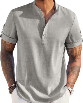 Men's Casual Henley Shirt Short Sleeve Band Collar Linen Shirt Summer Beach Hippie T-Shirts