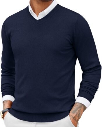 Men Casual V Neck Sweater Ribbed Knit Slim Fit Long Sleeve Pullover Top