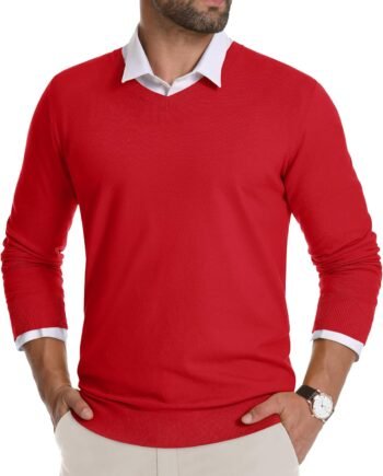 Men's V Neck Sweater Knitted Pullover Casual Soft Lightweight Long Sleeve Dress Sweater