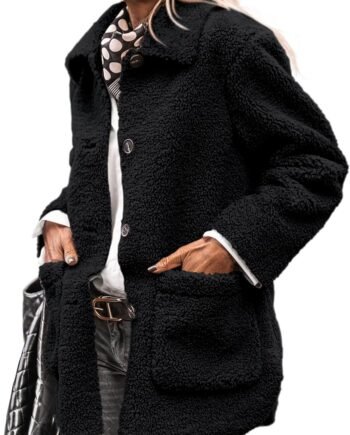 Women's Winter Faux Fur Coats Long Sleeve Lapel Button Down Pockets Fleece  Jacket Casual Trendy Outerwear