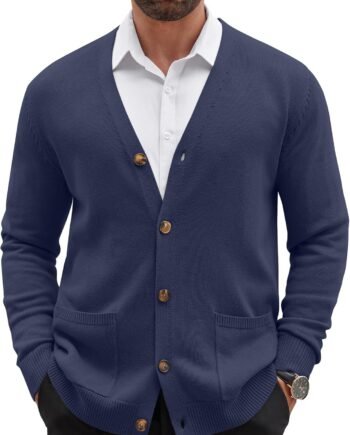 Men's Cardigan Sweater Long Sleeve Casual V Neck Button Down Knitted Sweater with Pockets