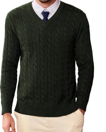 Mens V Neck Sweater Wool Blend Cable Knit Pullover Long Sleeve Casual Business Winter Fall Knitwear