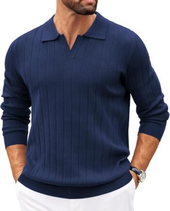 Mens Polo Sweaters Long Sleeve V Neck Knit Polos Lightweight Casual Pullover Sweater