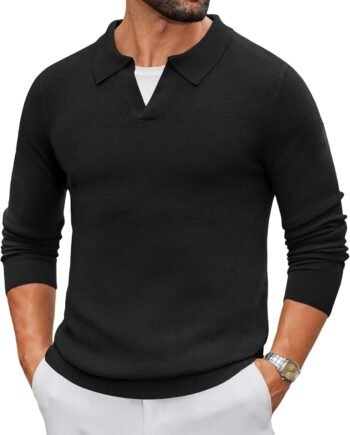 Men's Knit Polo Sweater Long Sleeve V-Neck Pullover Sweaters Casual Collared Ribbed Knitted Polos