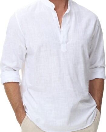 Cotton Linen Shirts for Men Lightweight Casual Long Sleeve Henley Beach Hawaiian Tops