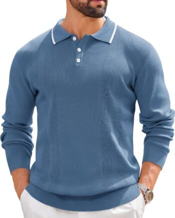 Mens Knit Polo Sweaters Long Sleeve Vintage Polos Casual Dress Pullover Old Money Tops