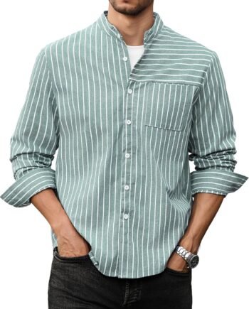 Men's Casual Button-Down Shirts Long Sleeve Striped Cuban Guayabera Banded Collar with Pocket All-Day Shirt Tops