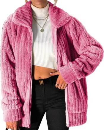 Women's Fleece Jacket Women Full Zip Long Sleeve Lapel Collar  Coat Outerwear with Pockets (S-5XL)