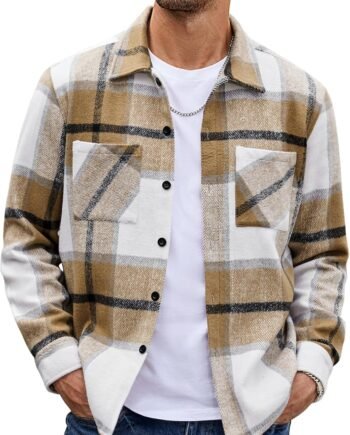 Men's Flannel Shirts Casual Button Down Plaid Shirt Jacket Long Sleeve Fleece Shacket with Pockets