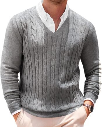 Mens V Neck Sweater Cable Knit Long Sleeve Casual Ribbed Twisted Pullover Sweaters