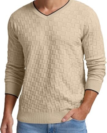 Mens V-Neck Sweater Cable Knit Long Sleeve Casual Basketweave Stitch Pullover Sweater