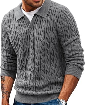 Men Sweaters V Neck Cable Knit Sweater Fall Casual Slim Fit Pullover